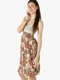 Airisa Vestito da donna con spalline sottili e dettagli in macramè - corallo