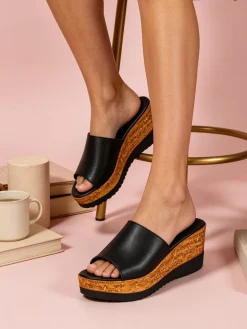 Andrea Pierago Ciabatte donna in pelle con zeppa e plateau - nero