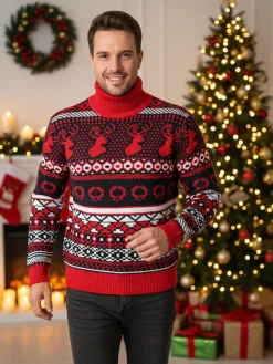 Ange Wear Maglione dolcevita natalizio da uomo - rosso