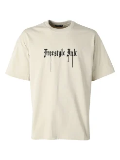 Ange Wear T-shirt da uomo oversize in cotone con stampe davanti e dietro - beige