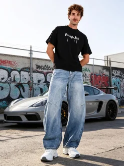 Ange Wear T-shirt da uomo oversize in cotone con stampe davanti e dietro - nero