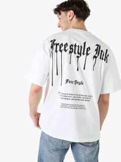 Ange Wear T-shirt da uomo oversize in cotone con stampe davanti e dietro - bianco