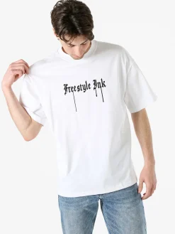 Ange Wear T-shirt da uomo oversize in cotone con stampe davanti e dietro - bianco