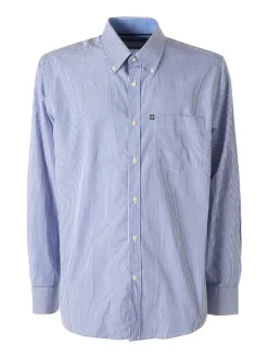 Ascot Sport Camicia a righe da uomo in cotone a maniche lunghe con taschino - blu