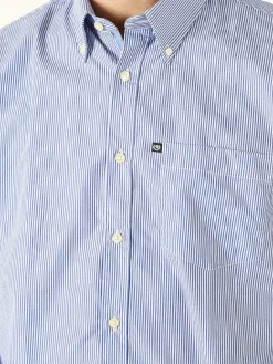 Ascot Sport Camicia a righe da uomo in cotone a maniche lunghe con taschino - blu