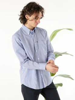 Ascot Sport Camicia a righe da uomo in cotone a maniche lunghe con taschino - blu