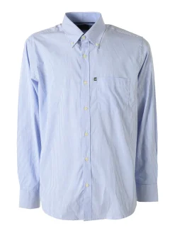 Ascot Sport Camicia a righe da uomo in cotone a maniche lunghe con taschino - azzurro