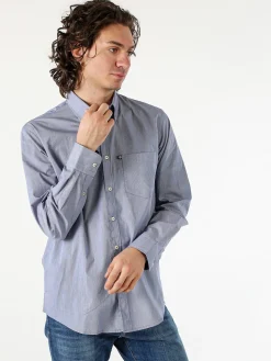 Ascot Sport Camicia da uomo in cotone a maniche lunghe con stampa texture - blu scuro