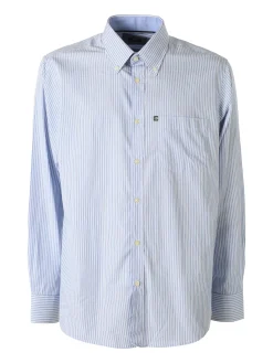 Ascot Sport Camicia rigata da uomo in cotone a maniche lunghe con taschino - azzurro