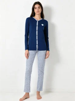 A Sette Pigiama aperto da donna in cotone interlock con pantaloni a stampa fiori - blu