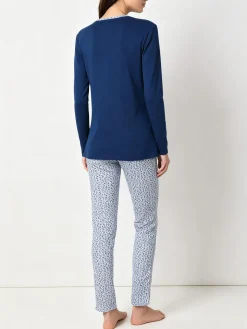 A Sette Pigiama aperto da donna in cotone interlock con pantaloni a stampa fiori - blu