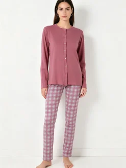 A Sette Pigiama aperto da donna in cotone interlock con pantaloni a quadri - rosa