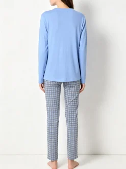 A Sette Pigiama aperto da donna in cotone interlock con pantaloni a quadri - azzurro