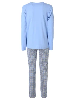 A Sette Pigiama aperto da donna in cotone interlock con pantaloni a quadri - azzurro