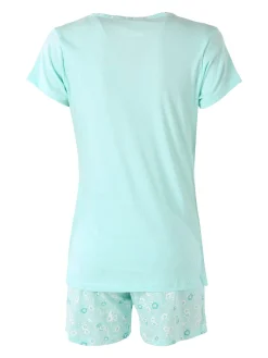 A Sette Pigiama corto da donna in cotone con taschino e shorts fiorati - acqua marina