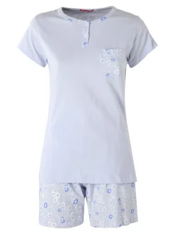 A Sette Pigiama corto da donna in cotone con taschino e shorts fiorati - azzurro