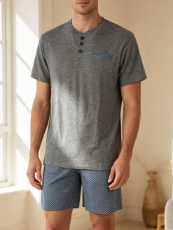 A Sette Pigiama corto da uomo in cotone con taschino e bermuda a quadretti - grigio scuro