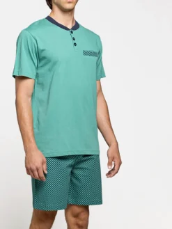 A Sette Pigiama corto da uomo in cotone con taschino e bermuda a quadretti - verde