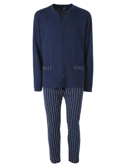 A Sette Pigiama da uomo in cotone interlock aperto con bottoni e pantaloni a righe - blu scuro