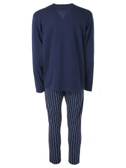 A Sette Pigiama da uomo in cotone interlock aperto con bottoni e pantaloni a righe - blu scuro