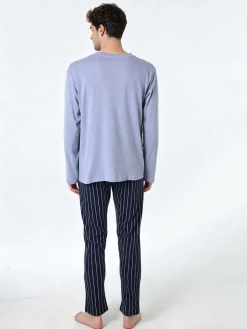 A Sette Pigiama da uomo in cotone interlock aperto con bottoni e pantaloni a righe - jeans