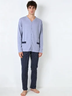 A Sette Pigiama da uomo in cotone interlock aperto con bottoni e pantaloni a righe - jeans