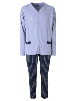 A Sette Pigiama da uomo in cotone interlock aperto con bottoni e pantaloni a righe - jeans