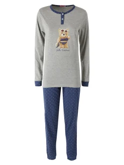 A Sette Pigiama lungo da donna in cotone con stampa orsacchiotto e pantaloni a pois - grigio