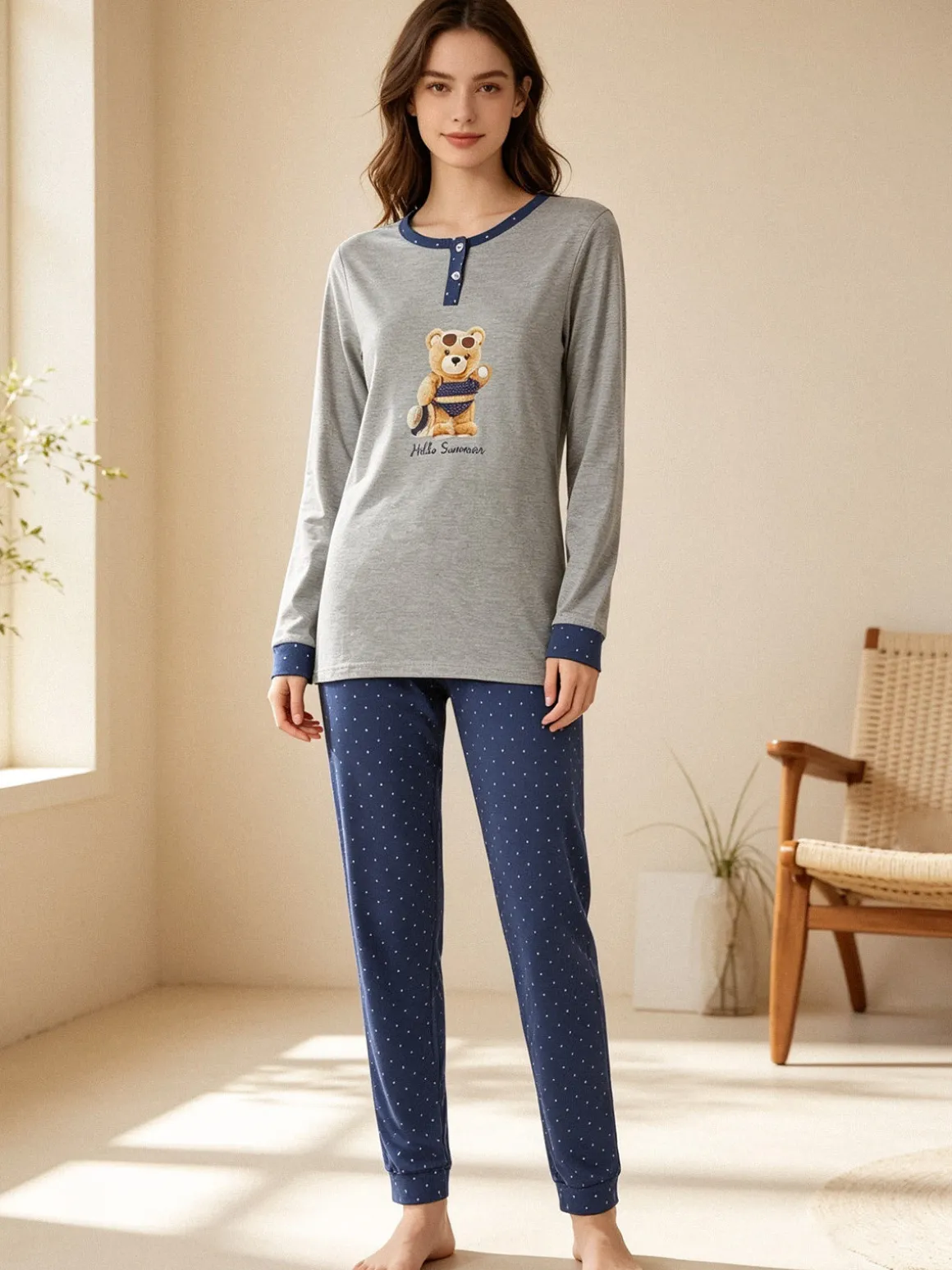 A Sette Pigiama lungo da donna in cotone con stampa orsacchiotto e pantaloni a pois - grigio