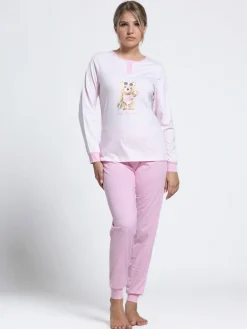 A Sette Pigiama lungo da donna in cotone con stampa orsacchiotto e pantaloni a pois - rosa
