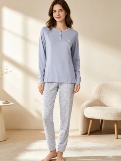 A Sette Pigiama lungo da donna in cotone con pantaloni fiorati - azzurro