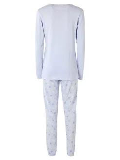 A Sette Pigiama lungo da donna in cotone con taschino e pantaloni fiorati - azzurro