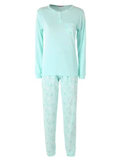 A Sette Pigiama lungo da donna in cotone con taschino e pantaloni fiorati - acqua marina