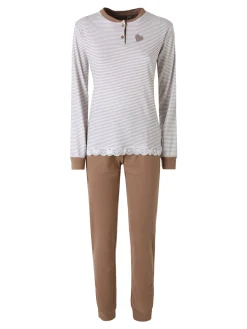 A Sette Pigiama lungo da donna in cotone interlock con maglia a righe - sabbia