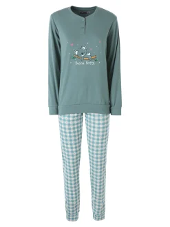 A Sette Pigiama lungo da donna in cotone interlock con dettaglio in pizzo e pantaloni a quadretti - verde