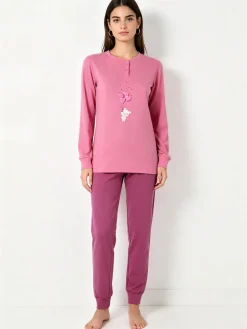 A Sette Pigiama lungo da donna in cotone interlock con stampa disegno - rosa