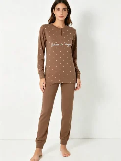 A Sette Pigiama lungo da donna in cotone interlock con pantaloni a cuori - sabbia