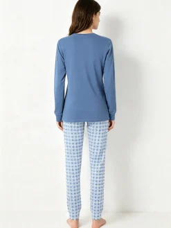 A Sette Pigiama lungo da donna in cotone interlock con pantaloni a quadretti - jeans