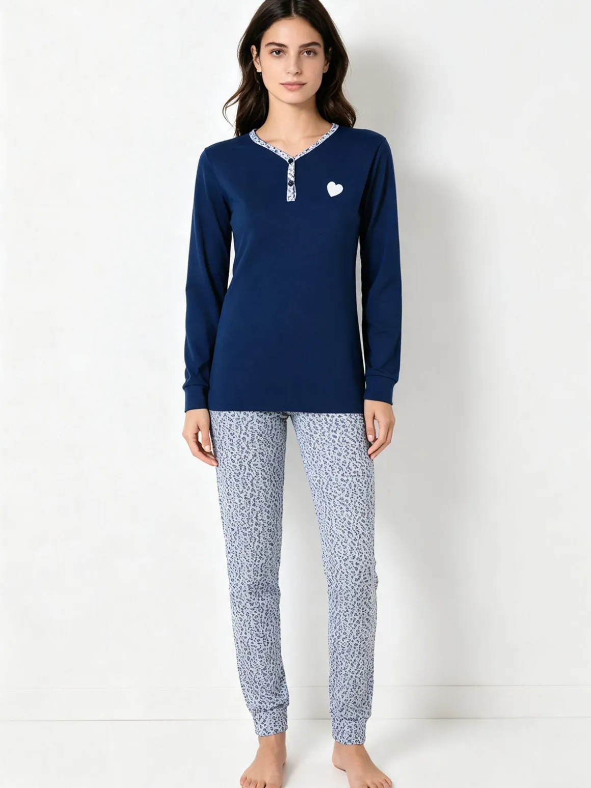A Sette Pigiama lungo da donna in cotone interlock con pantaloni a stampa fiori - blu