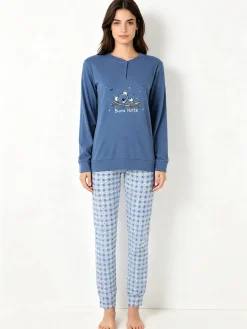 A Sette Pigiama lungo da donna in cotone interlock con dettaglio in pizzo e pantaloni a quadretti - jeans