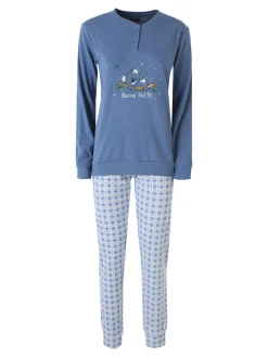 A Sette Pigiama lungo da donna in cotone interlock con dettaglio in pizzo e pantaloni a quadretti - jeans