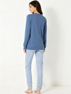 A Sette Pigiama lungo da donna in cotone interlock con dettaglio in pizzo e pantaloni a quadretti - jeans