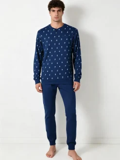 A Sette Pigiama lungo da uomo in cotone interlock con stampe birilli - blu