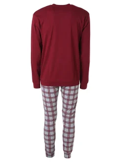 A Sette Pigiama lungo da uomo in cotone interlock con taschino e pantaloni a quadri - bordeaux