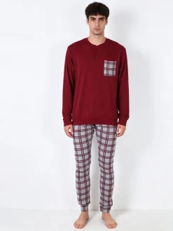 A Sette Pigiama lungo da uomo in cotone interlock con taschino e pantaloni a quadri - bordeaux