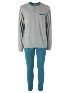 A Sette Pigiama lungo da uomo in cotone con taschino e pantaloni con stampa greca - grigio