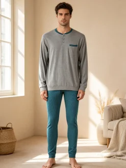 A Sette Pigiama lungo da uomo in cotone con taschino e pantaloni con stampa greca - grigio