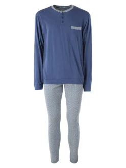 A Sette Pigiama lungo da uomo in cotone con taschino e pantaloni con stampa greca - blu