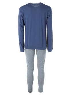 A Sette Pigiama lungo da uomo in cotone con taschino e pantaloni con stampa greca - blu