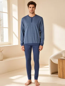 A Sette Pigiama lungo da uomo in cotone - blu